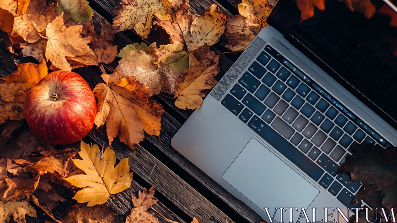 Laptop on rustic wood with autumn leaves and red apple.