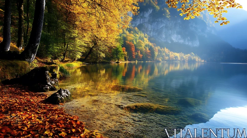 Calm mountain lake edge with bright autumn forest reflections.