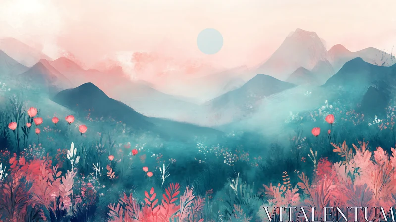 Pastel mountains rise behind misty valley of wildflowers