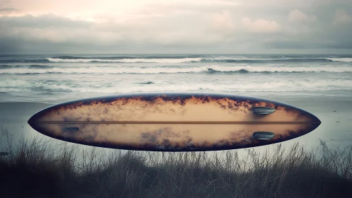 Surfboard hovering over overcast shoreline with waves.