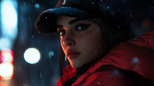 Young woman in red coat pausing under soft city snowfall.