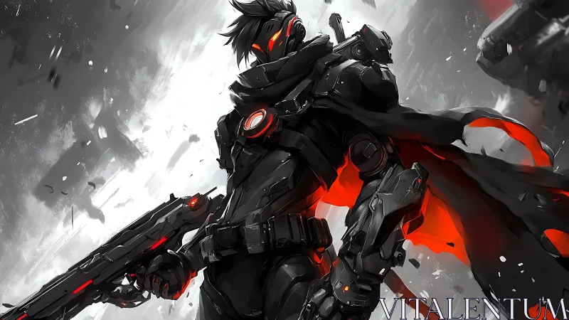 Armored cyber warrior with glowing red cloak and rifle.