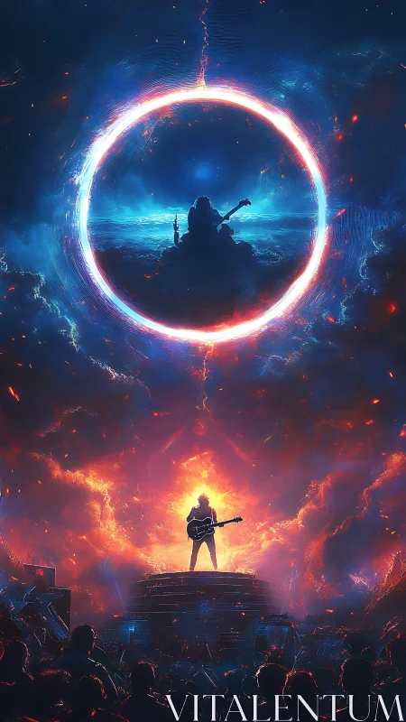 Guitarist silhouetted against dual cosmic portals on stage.
