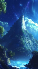 Starlit ocean peak under luminous cosmic night sky.