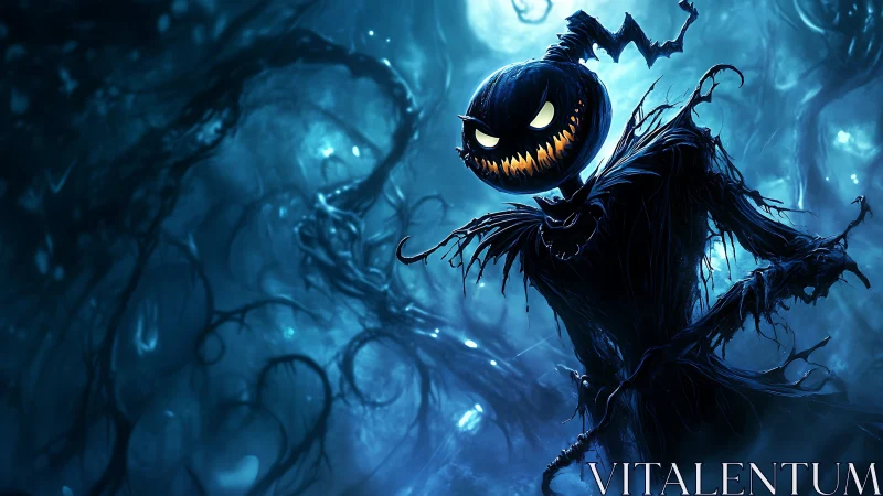 Nocturnal pumpkin scarecrow amid twisted spectral forest