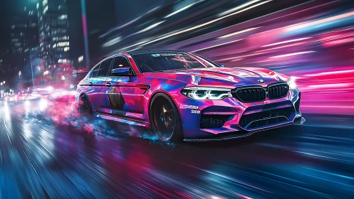 Neon-wrapped BMW sports sedan races through blurred city night