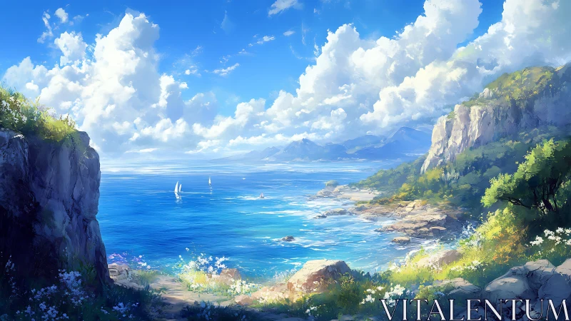 Sunlit cliffside bay opens to tranquil, cloudlit horizon