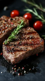 Grilled beef steaks rest on slate with herbs and tomatoes