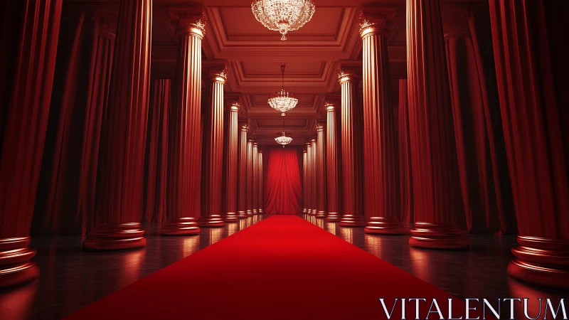 Grand red colonnade corridor with chandeliers and carpet
