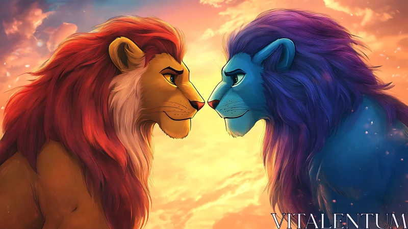 Two Stylized Lions Confronting Across Sunset Background.