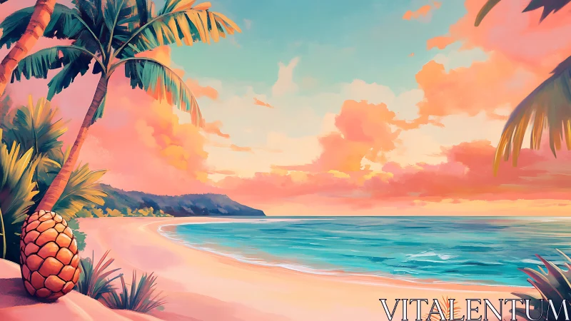 Tropical Paradise Sunset Embraced by Palm Trees.