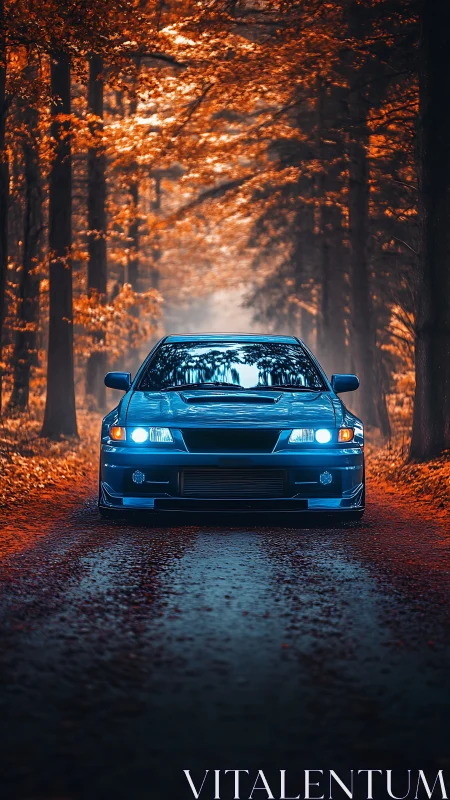 Midnight blue sports car cruising through a glowing autumn lane.