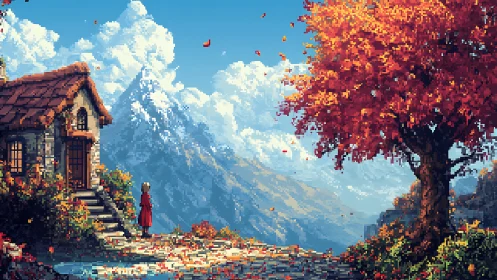 Crimson autumn tree quietly keeps watch over pixel mountains