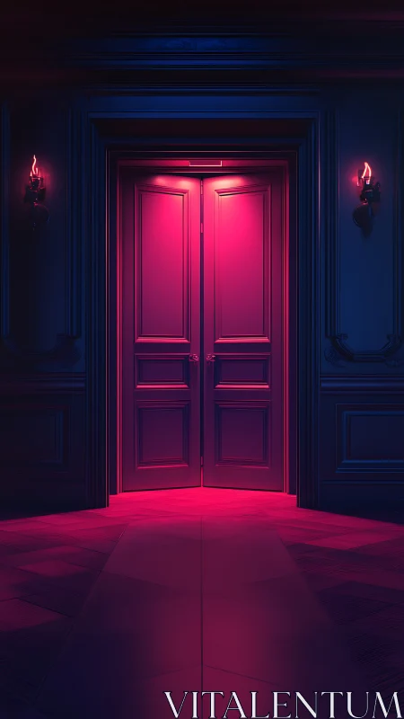 Closed double doors in neon pink and deep blue hallway.