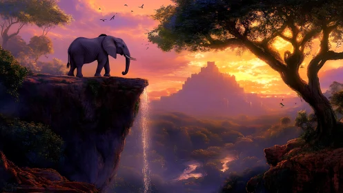 Elephant overlooks waterfall cliff against luminous sunset citadel