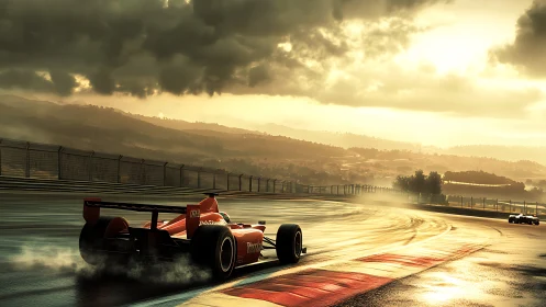 Red formula car powers through wet track at golden sunset.