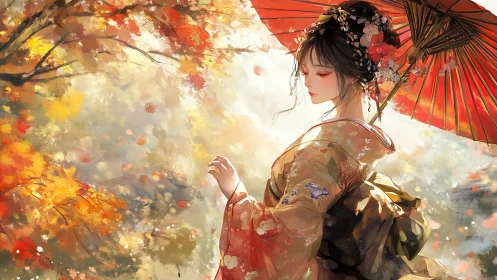 Kimono-clad woman under crimson parasol in autumn light.