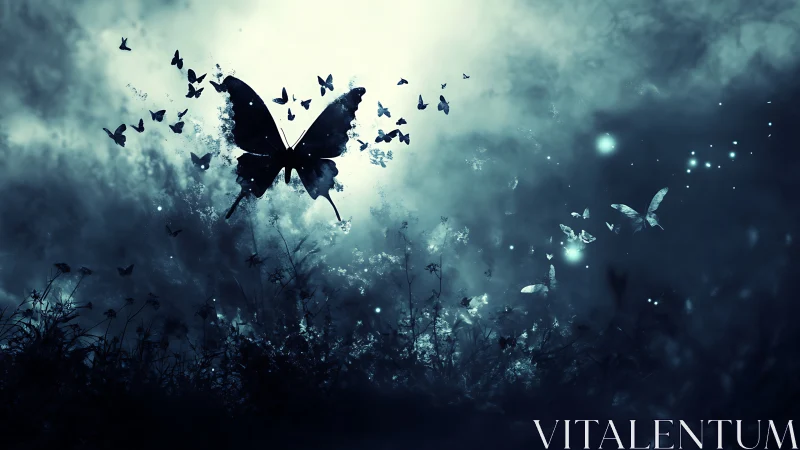 Nocturnal butterfly silhouette in luminous misty clearing.