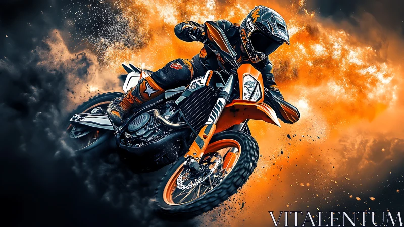 Off road motorcyclist in dynamic jump with smoke backdrop.