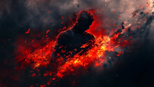Silhouetted figure dissolving into explosive red firestorm.