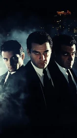 Three suited men stand in dramatic low key studio lighting