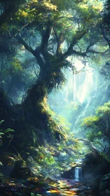 Ancient Forest Landscape with Waterfall and Monumental Tree
