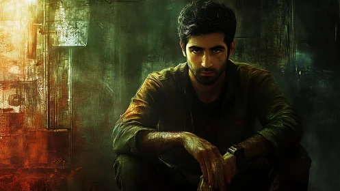 Brooding figure in grunge-lit industrial corridor, digital painting.