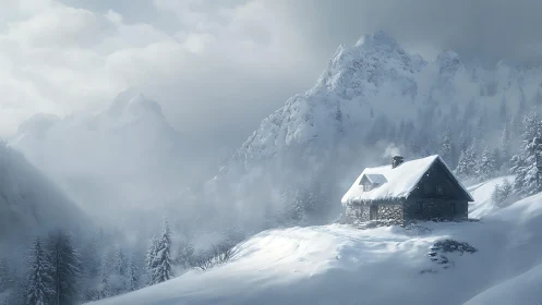 Stone cabin nestled in misty high-alpine winter peaks.