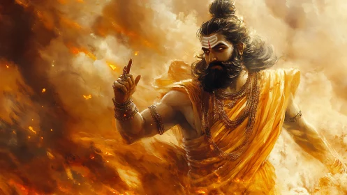 Mythic warrior sage in swirling golden firestorm atmosphere