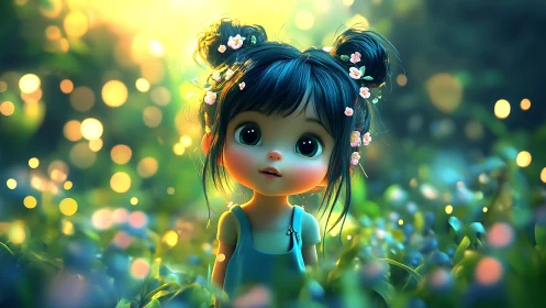 Glow-eyed forest child wandering through luminous petals.