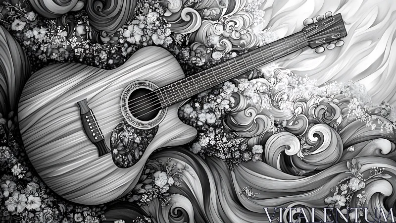 Acoustic guitar rests amid monochrome floral and swirling forms