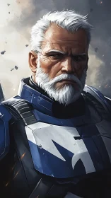 Armored veteran warrior stares forward with stern resolve