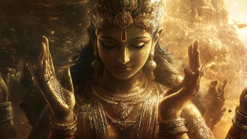 Gilded multi-armed goddess idol in radiant golden ambient light