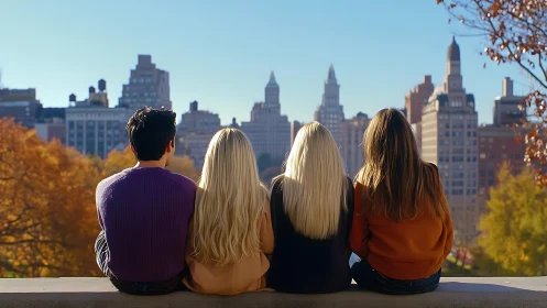 Backlit friends overlooking urban skyline in clear autumn light