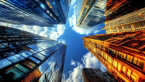 Urban skyscrapers converge under saturated blue sky perspective.