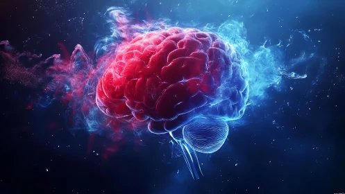 Nebula brain ignites in cosmic blue and electric crimson haze.