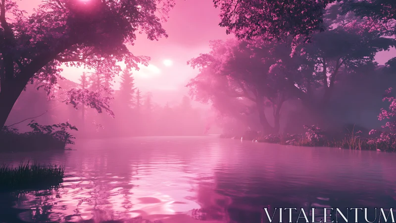 Dreamlike pink forest lagoon glows in surreal twilight.