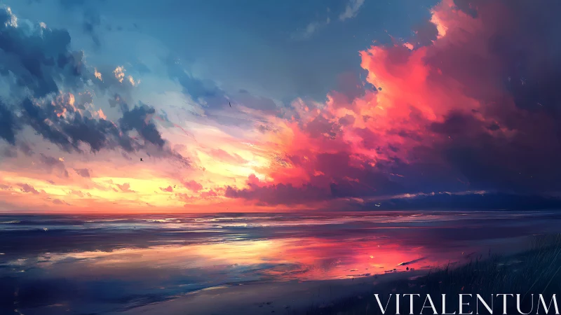 Radiant sunset sky pours vibrant color over a tranquil shore