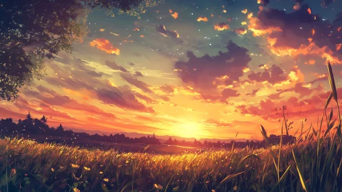 Vibrant rural meadow sunset with painterly cloud formations.