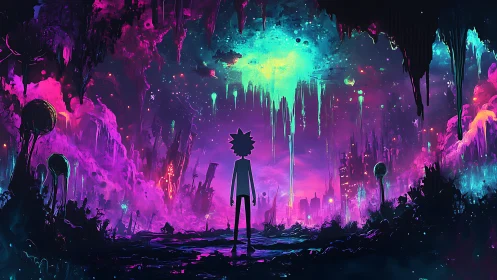 Silhouetted explorer surveys neon cosmic cavern in vivid chroma