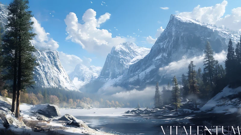 Snow-laden alpine valley rendered in atmospheric digital realism