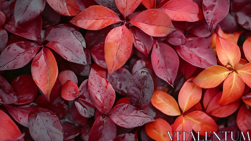 Crimson autumn leaves glow softly under fresh morning rain