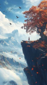 Solitary figure on cliff edge under vivid autumn tree.
