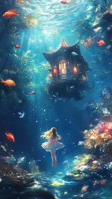 Dreamlit girl drifts toward lantern house in deep blue sea.