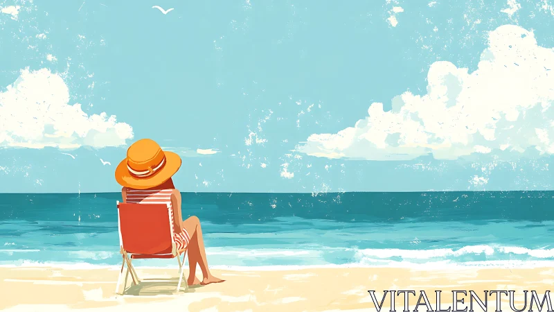 Woman in striped dress relaxes on bright summer beach.