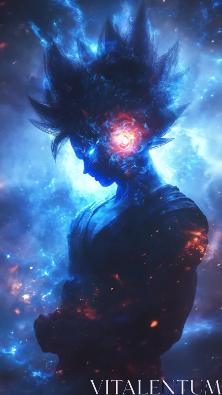 Digital painting profile of cosmic energy-charged warrior figure.