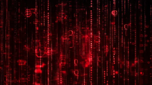 Red digital code streams flow through a dark cyber grid.