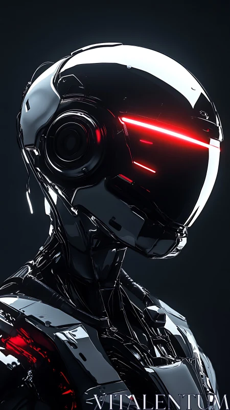 Futuristic chrome humanoid robot with red visor light.