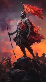 Heroic warrior on rocky summit in cinematic digital painting.