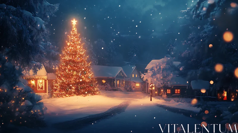 Illuminated village Christmas tree anchors snowy nocturnal scene